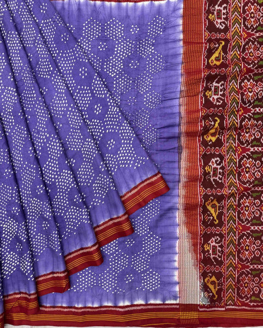Red & Lovender Semi Double Ikat Bandhani Patola Saree - SindhoiPatolaArt