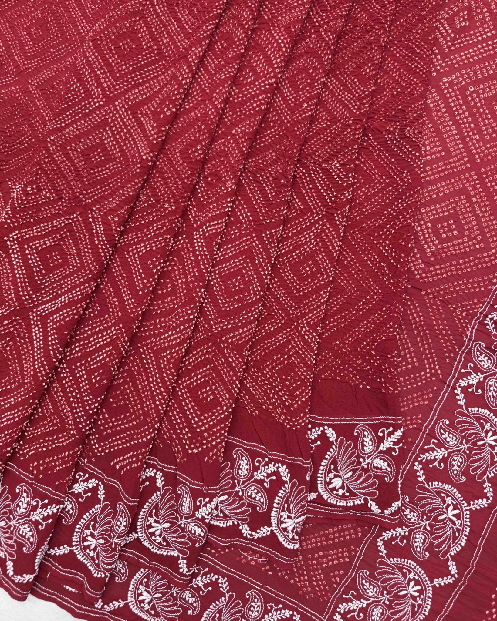 Red Lukhnowi Work Georgette Bandhani Saree - SindhoiPatolaArt