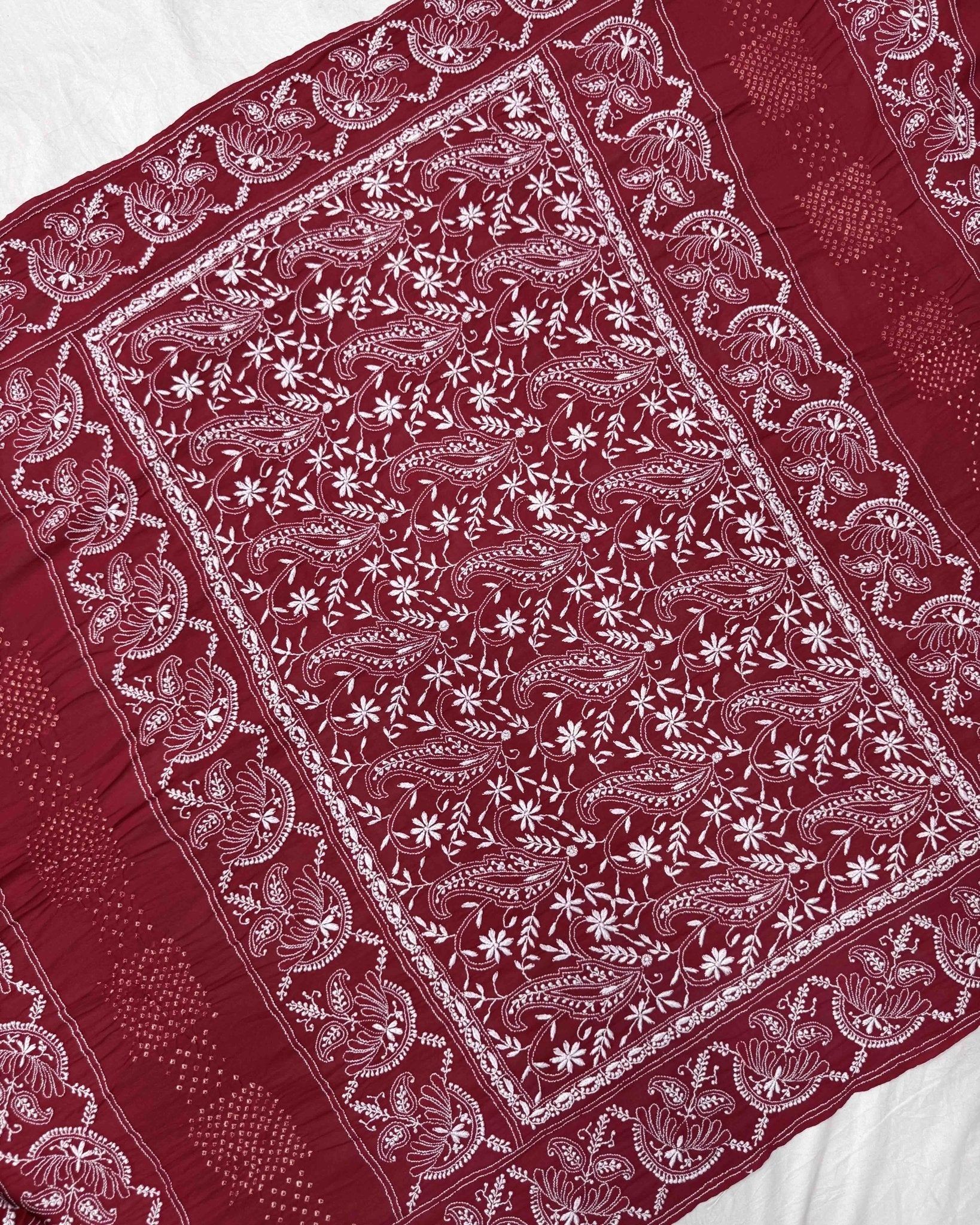 Red Lukhnowi Work Georgette Bandhani Saree - SindhoiPatolaArt