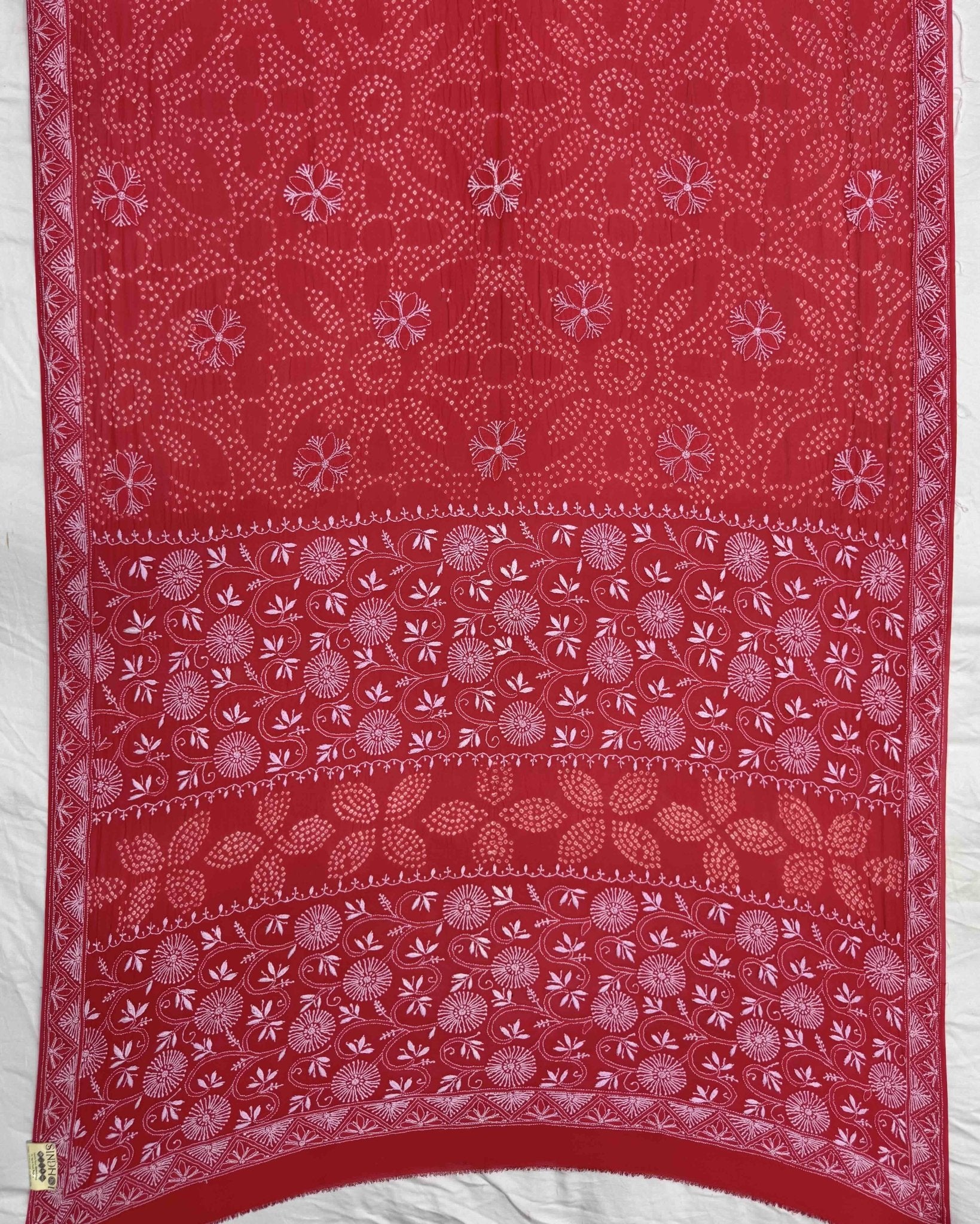 Red Lukhnowi Work Georgette Bandhani Saree - SindhoiPatolaArt