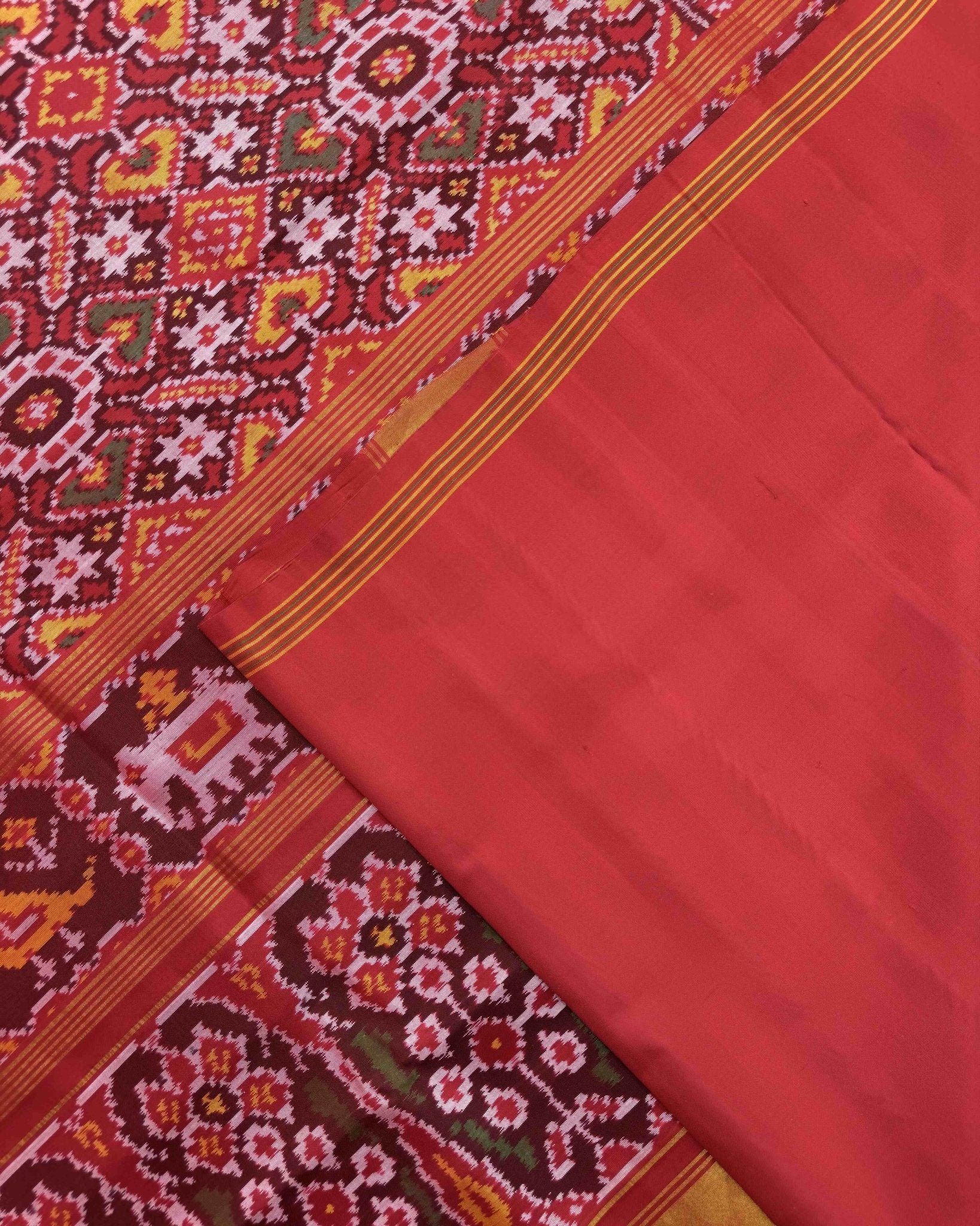 Red Manekchowk Semi Double Ikat Patola Saree - SindhoiPatolaArt