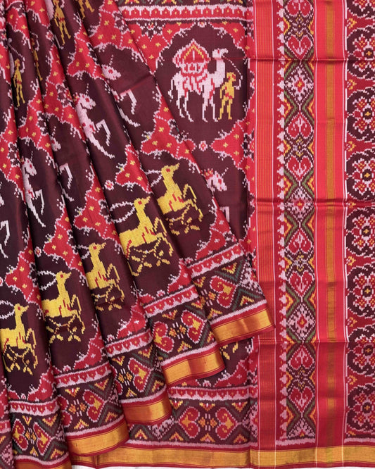 Red & Maroon Big Figure Deer Chhabdi Twill Patola Saree - SindhoiPatolaArt