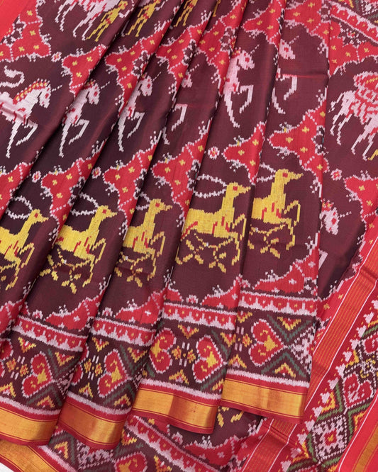 Red & Maroon Big Figure Deer Chhabdi Twill Patola Saree - SindhoiPatolaArt