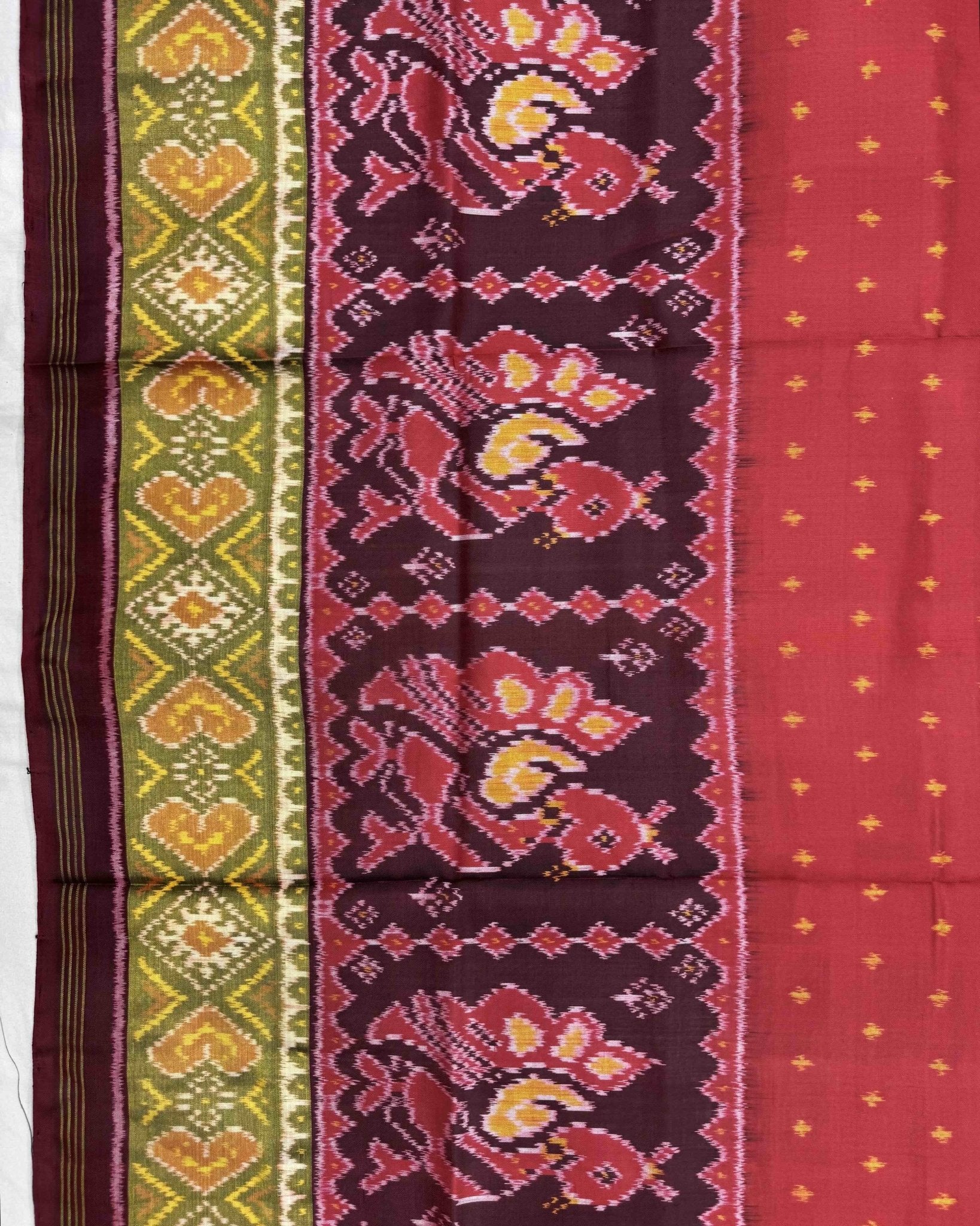 Red & Maroon Doted with Peacock Scut Border Patola Saree - SindhoiPatolaArt
