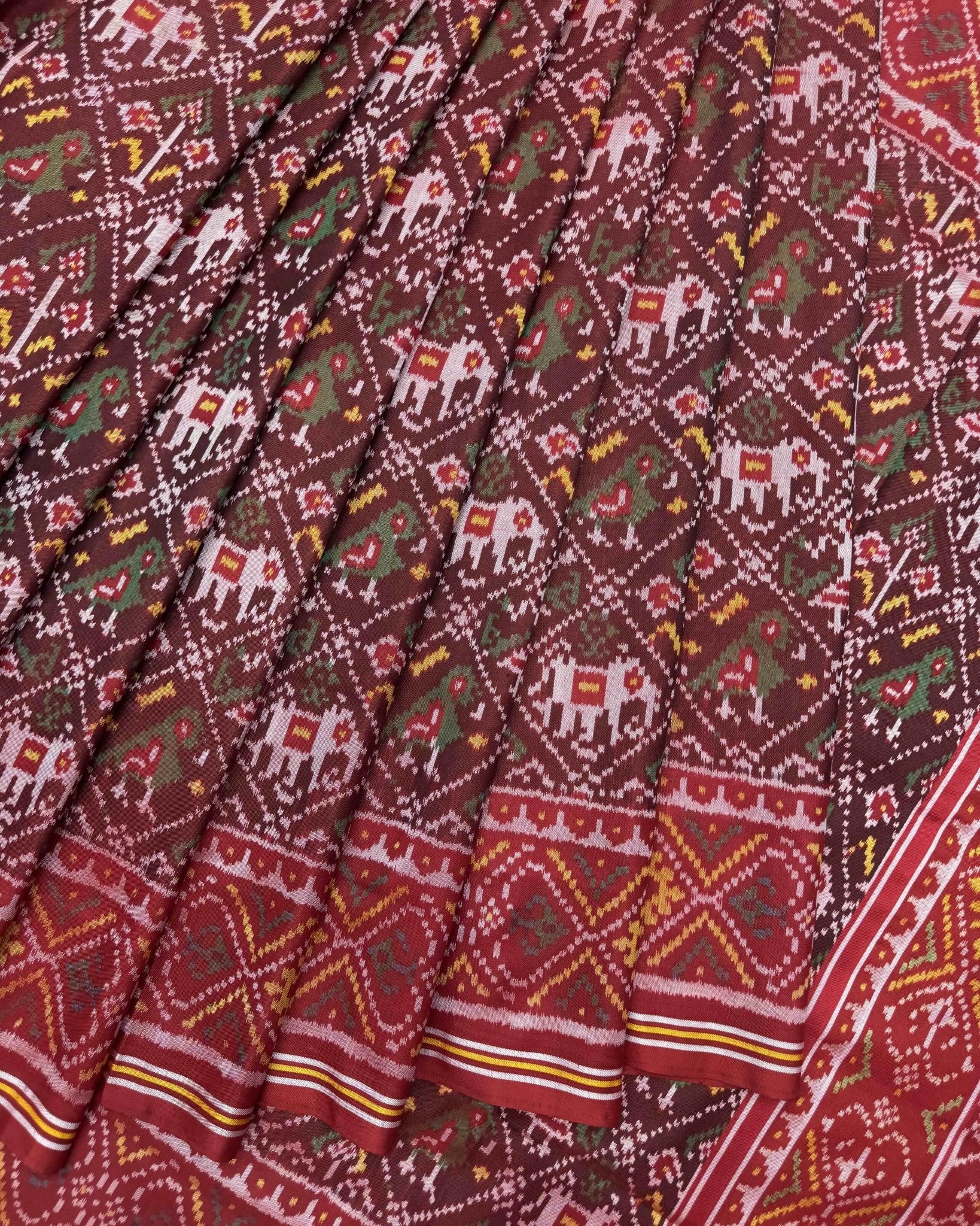 Red & Maroon Narikunj Semi Double Ikat Patola Saree - SindhoiPatolaArt