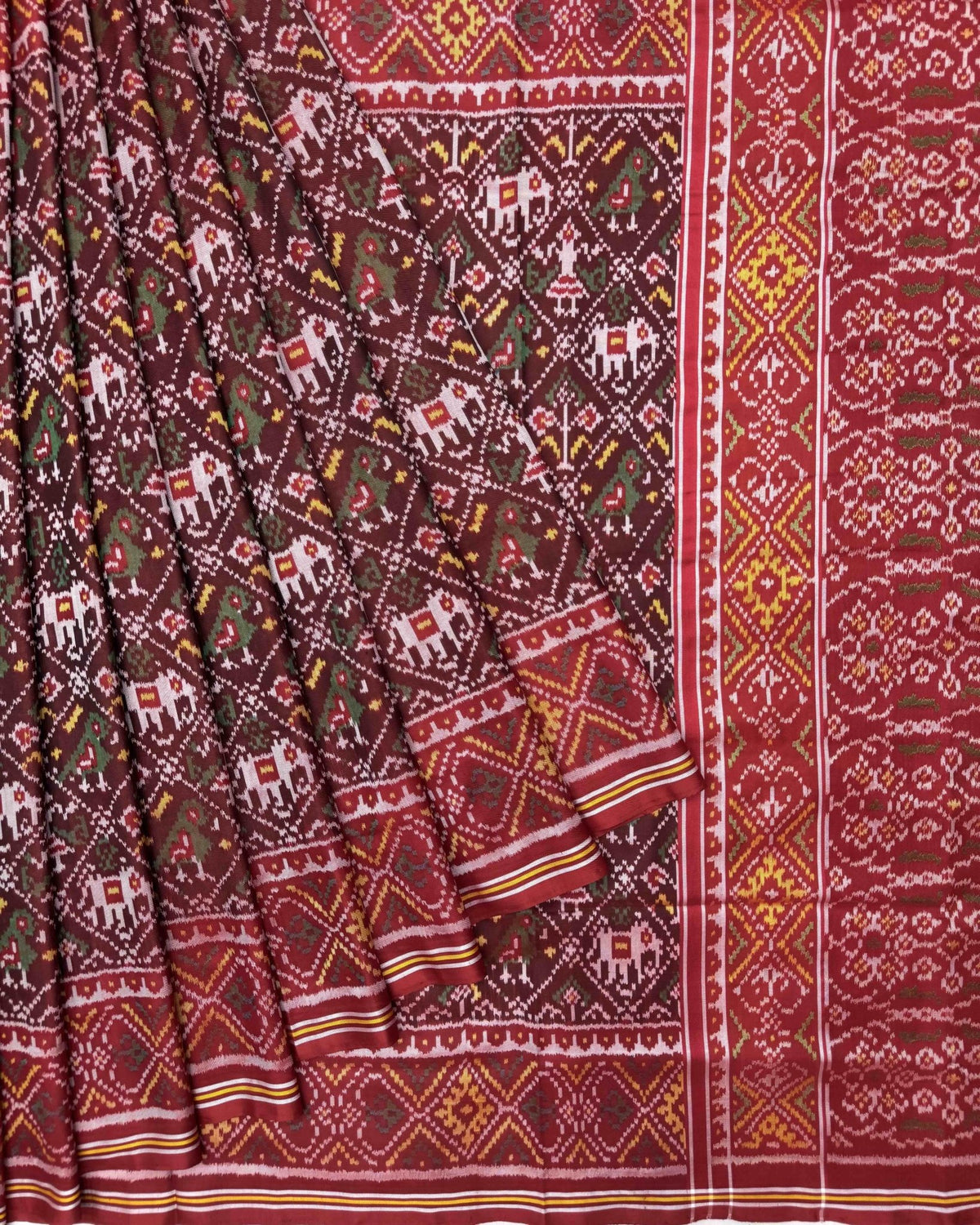 Red & Maroon Narikunj Semi Double Ikat Patola Saree - SindhoiPatolaArt