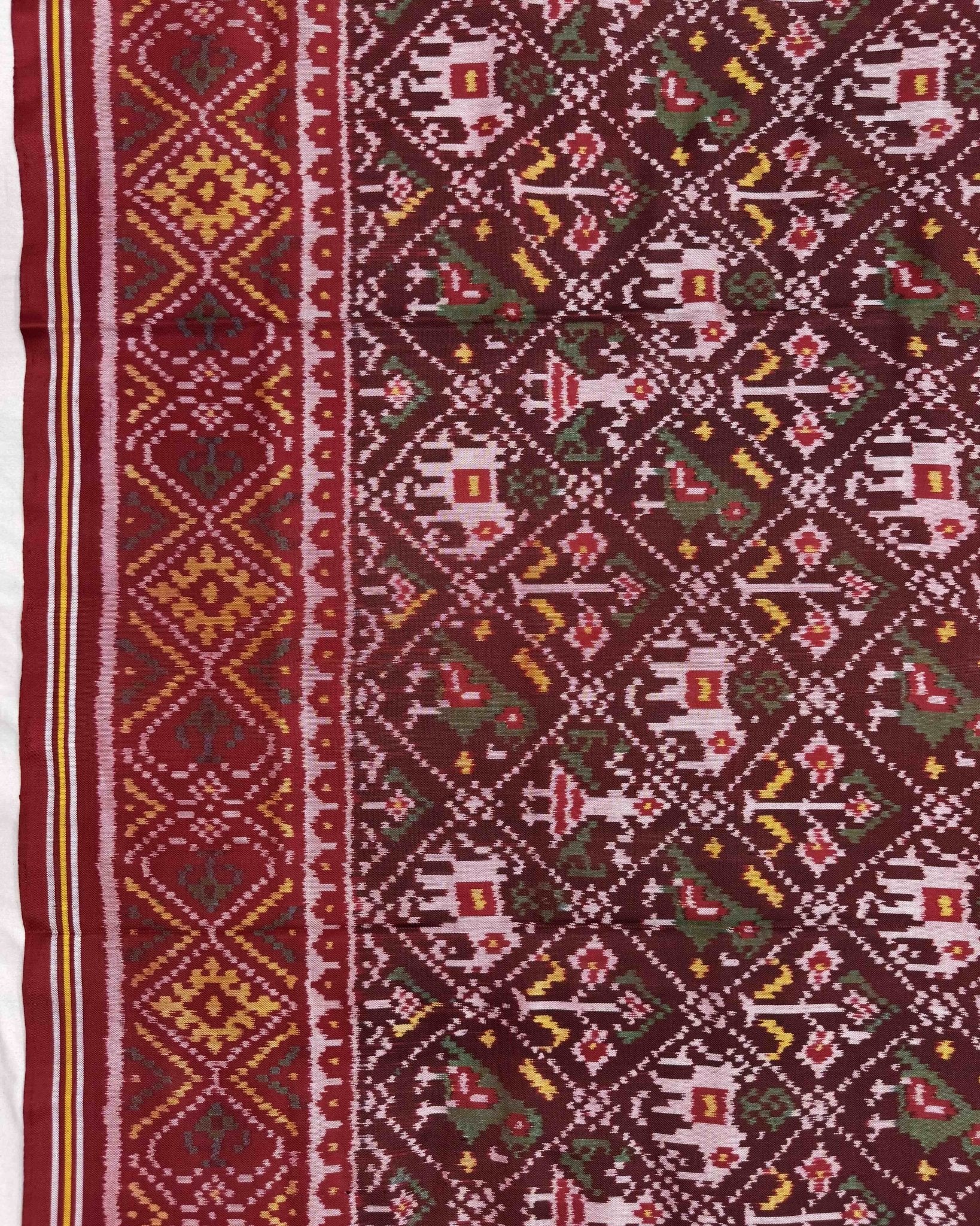 Red & Maroon Narikunj Semi Double Ikat Patola Saree - SindhoiPatolaArt