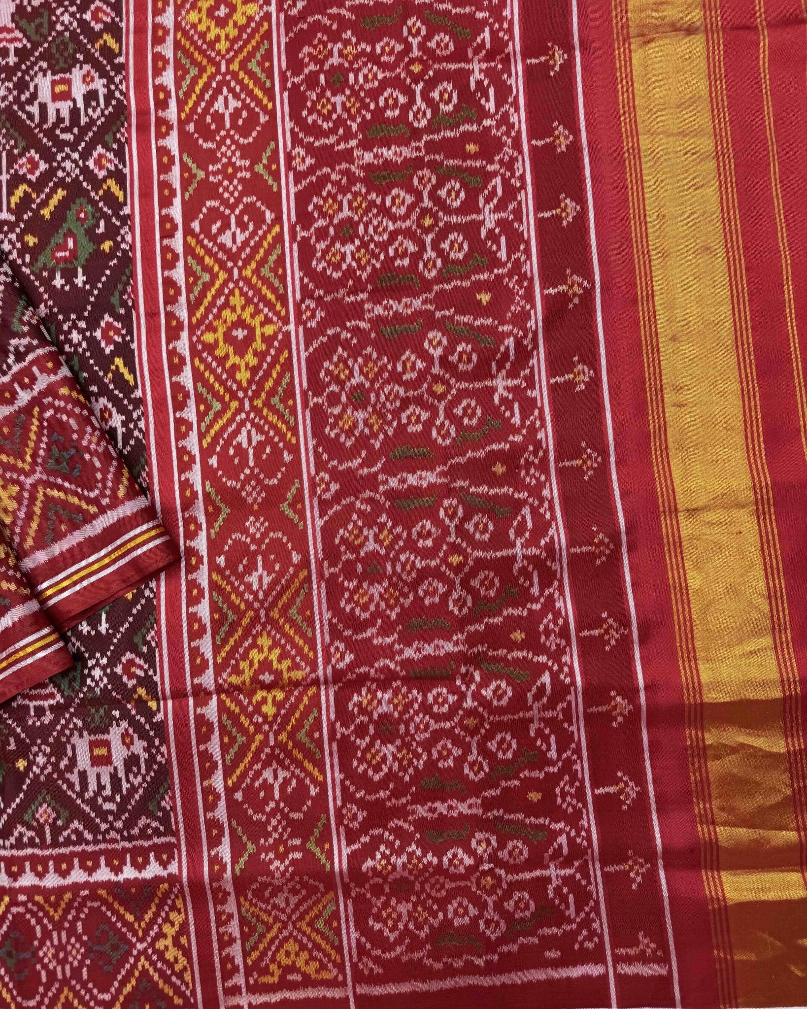 Red & Maroon Narikunj Semi Double Ikat Patola Saree - SindhoiPatolaArt