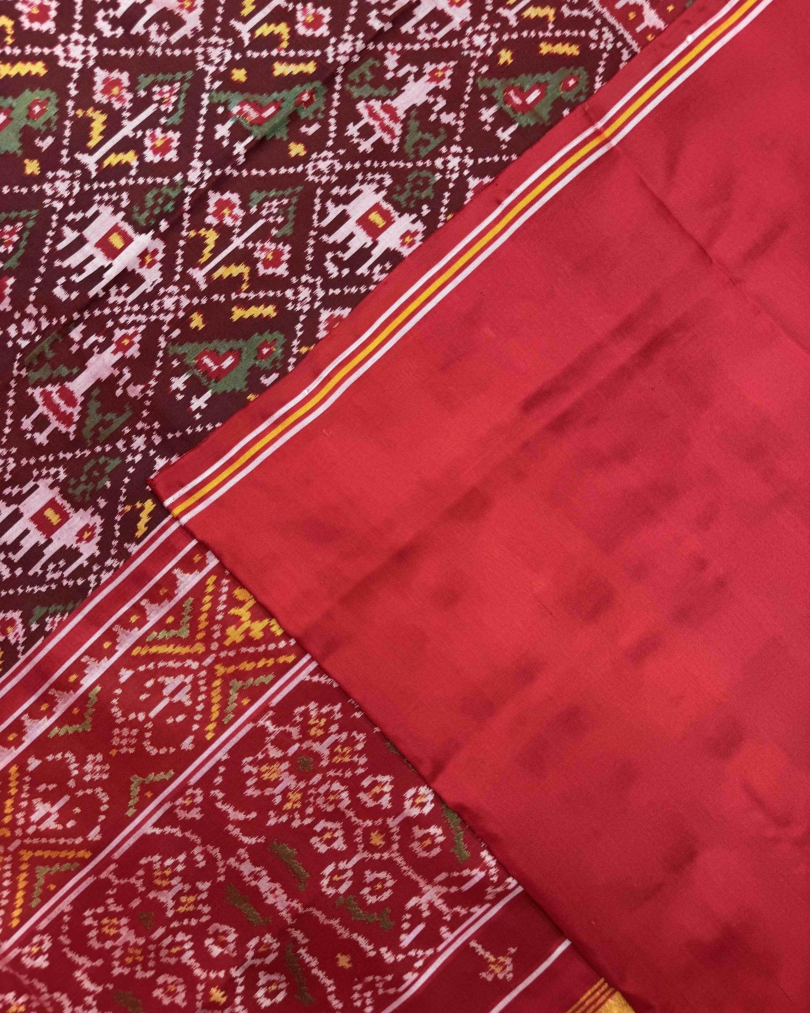 Red & Maroon Narikunj Semi Double Ikat Patola Saree - SindhoiPatolaArt