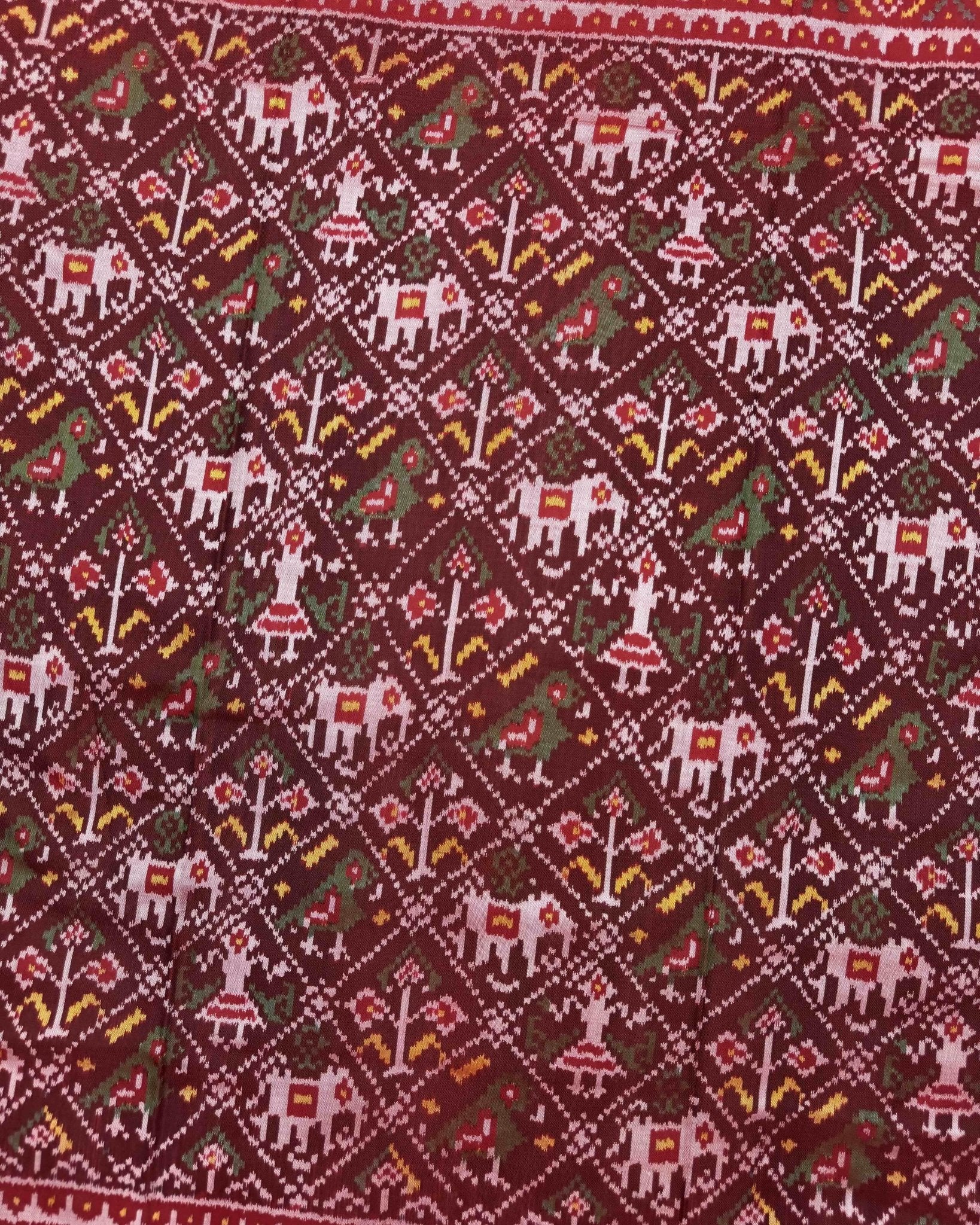 Red & Maroon Narikunj Semi Double Ikat Patola Saree - SindhoiPatolaArt