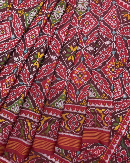 Red & Maroon New Chhabdi Semi Double Ikat Patola Saree - SindhoiPatolaArt