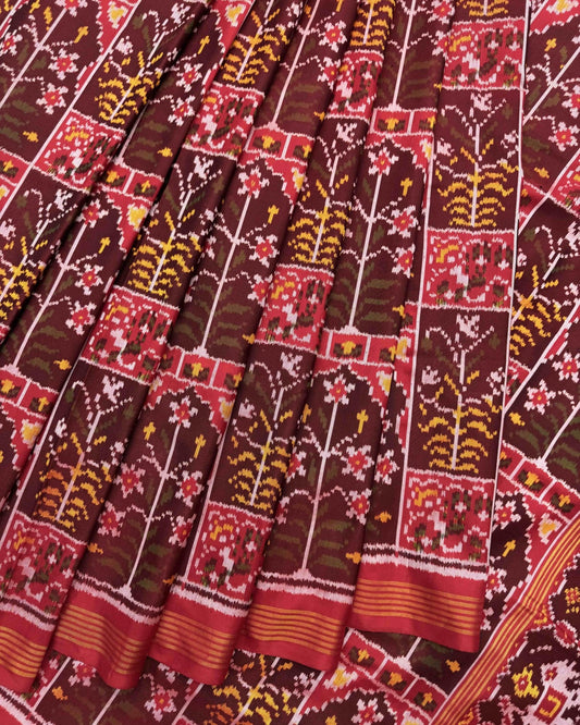 Red & Maroon New Flower Semi Double Ikat Patola Saree - SindhoiPatolaArt