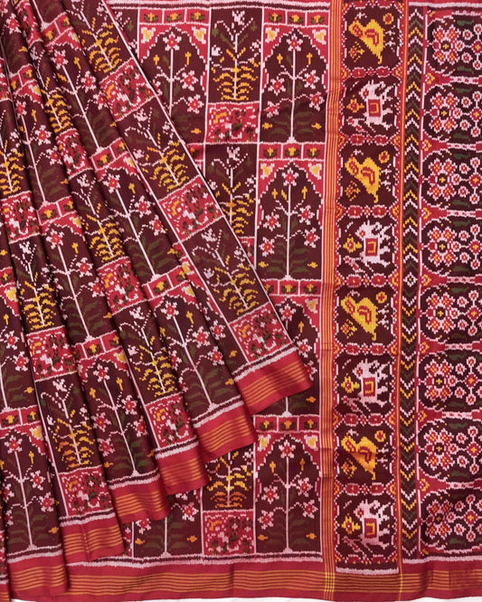 Red & Maroon New Flower Semi Double Ikat Patola Saree - SindhoiPatolaArt