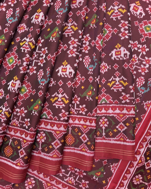 Red & Maroon Small Narikunj Navratan Mix Semi Double Ikat Patola Saree - SindhoiPatolaArt