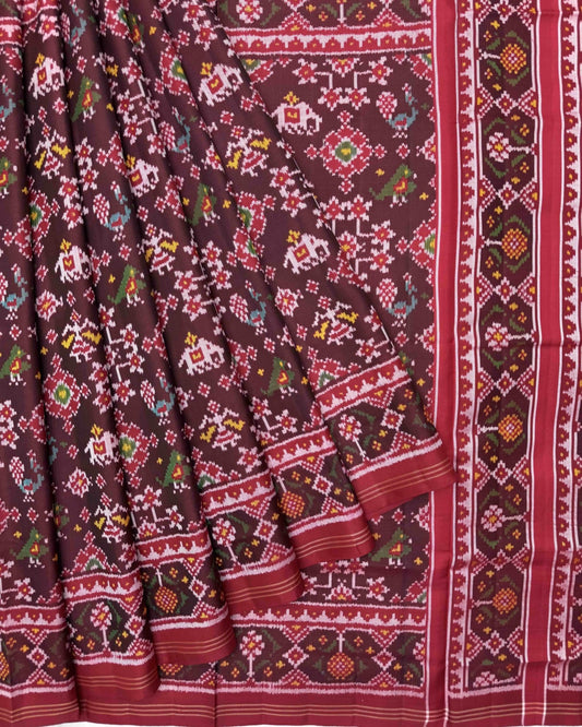 Red & Maroon Small Narikunj Navratan Mix Semi Double Ikat Patola Saree - SindhoiPatolaArt
