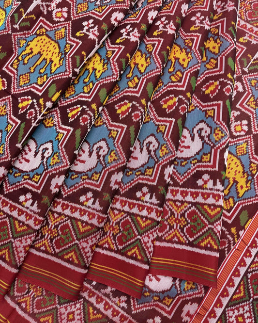 Red & Maroon Star Narikunj Twill Patola Saree - SindhoiPatolaArt