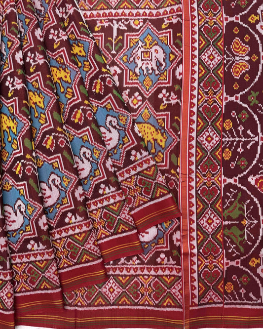 Red & Maroon Star Narikunj Twill Patola Saree - SindhoiPatolaArt