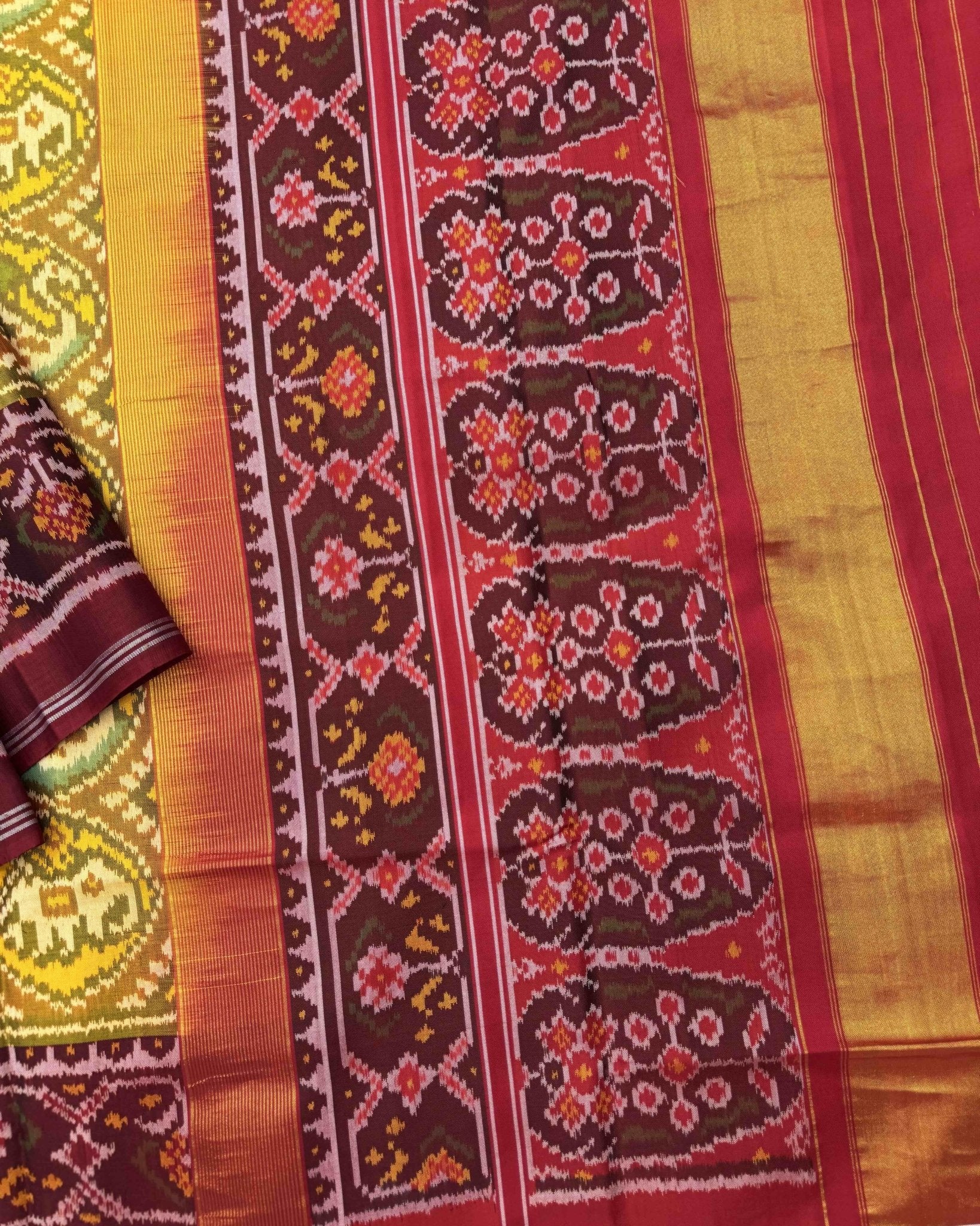 Red Maroon & Yellow Circle Narikunj Semi Double Ikat Patola Saree - SindhoiPatolaArt