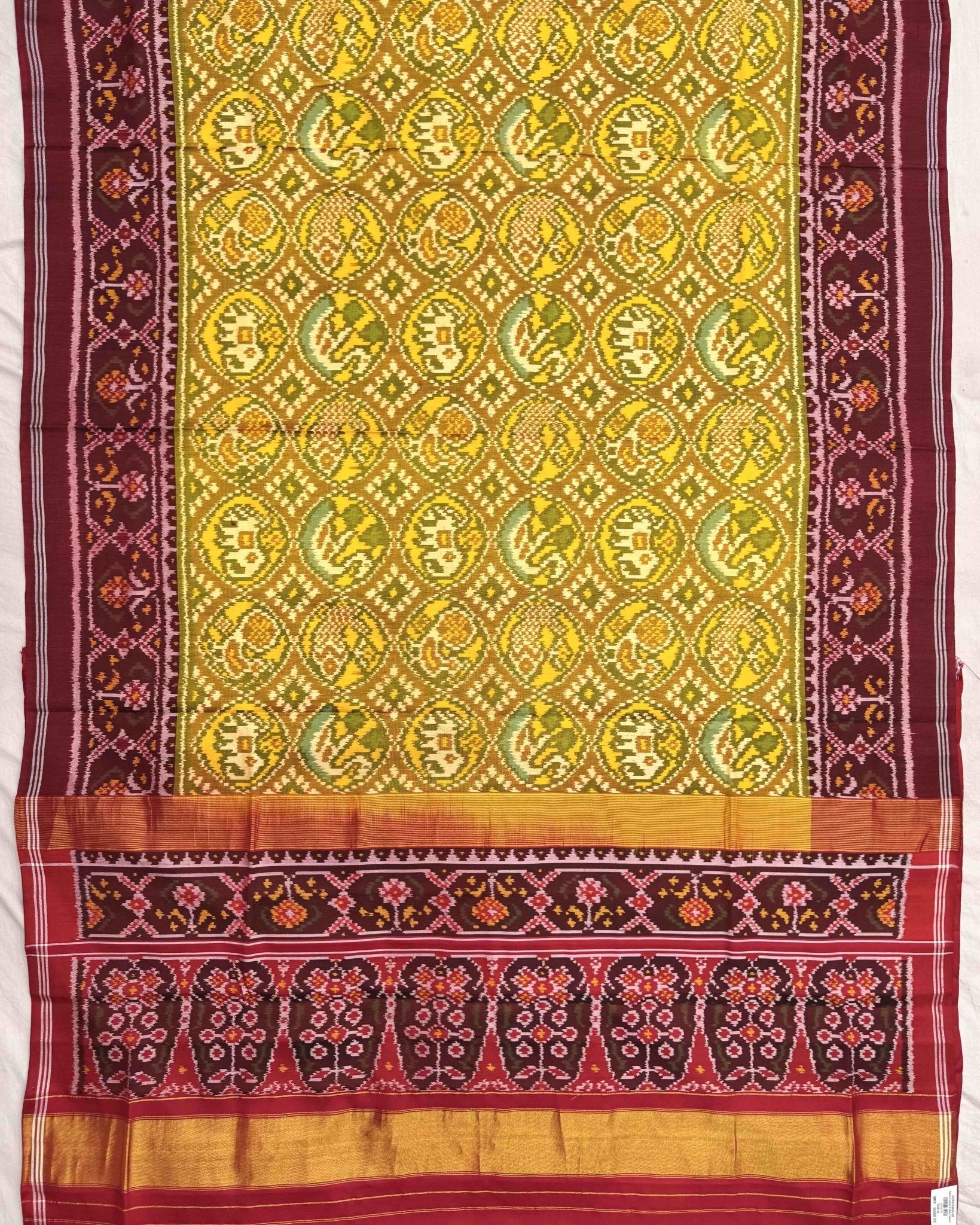 Red Maroon & Yellow Circle Narikunj Semi Double Ikat Patola Saree - SindhoiPatolaArt