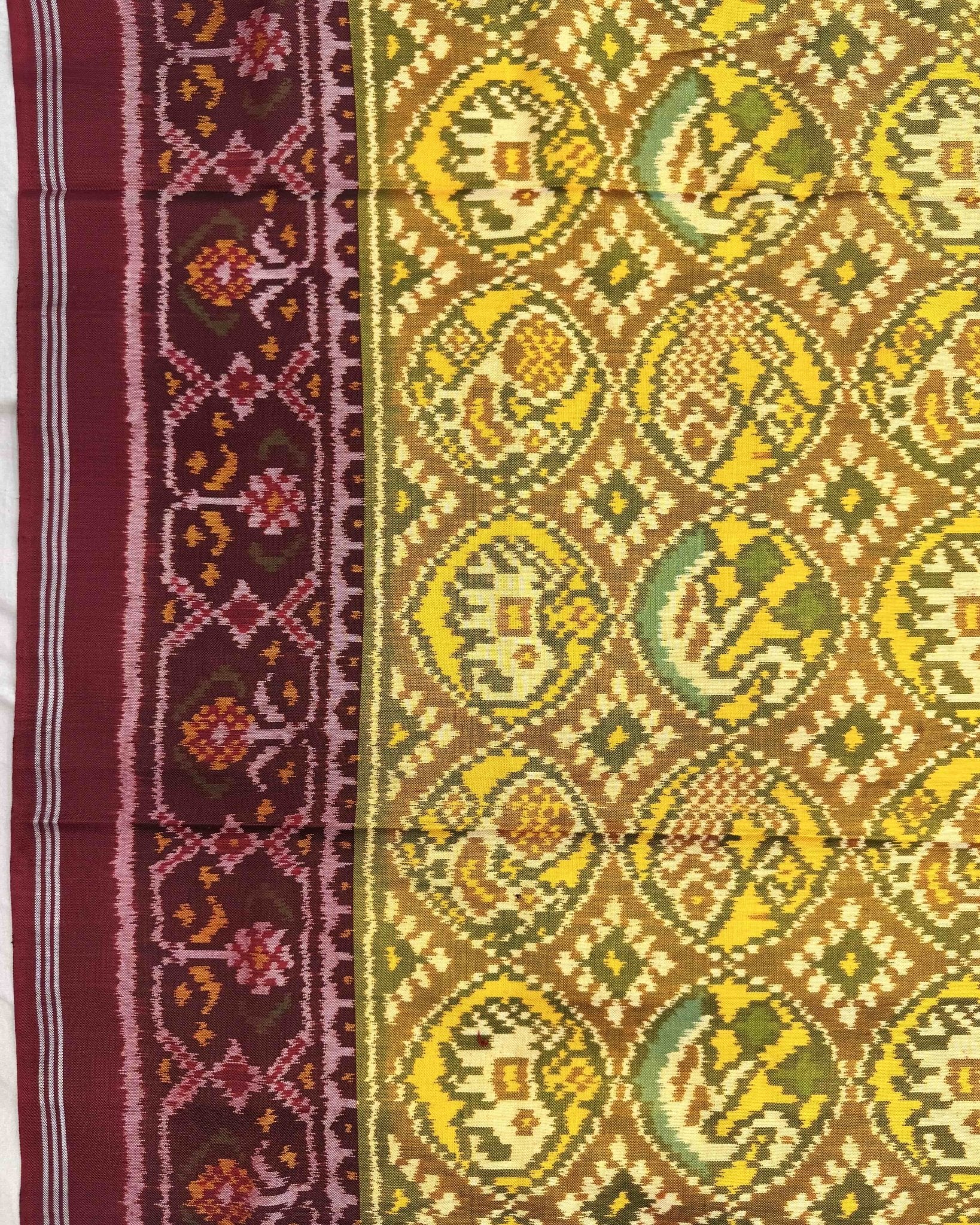 Red Maroon & Yellow Circle Narikunj Semi Double Ikat Patola Saree - SindhoiPatolaArt