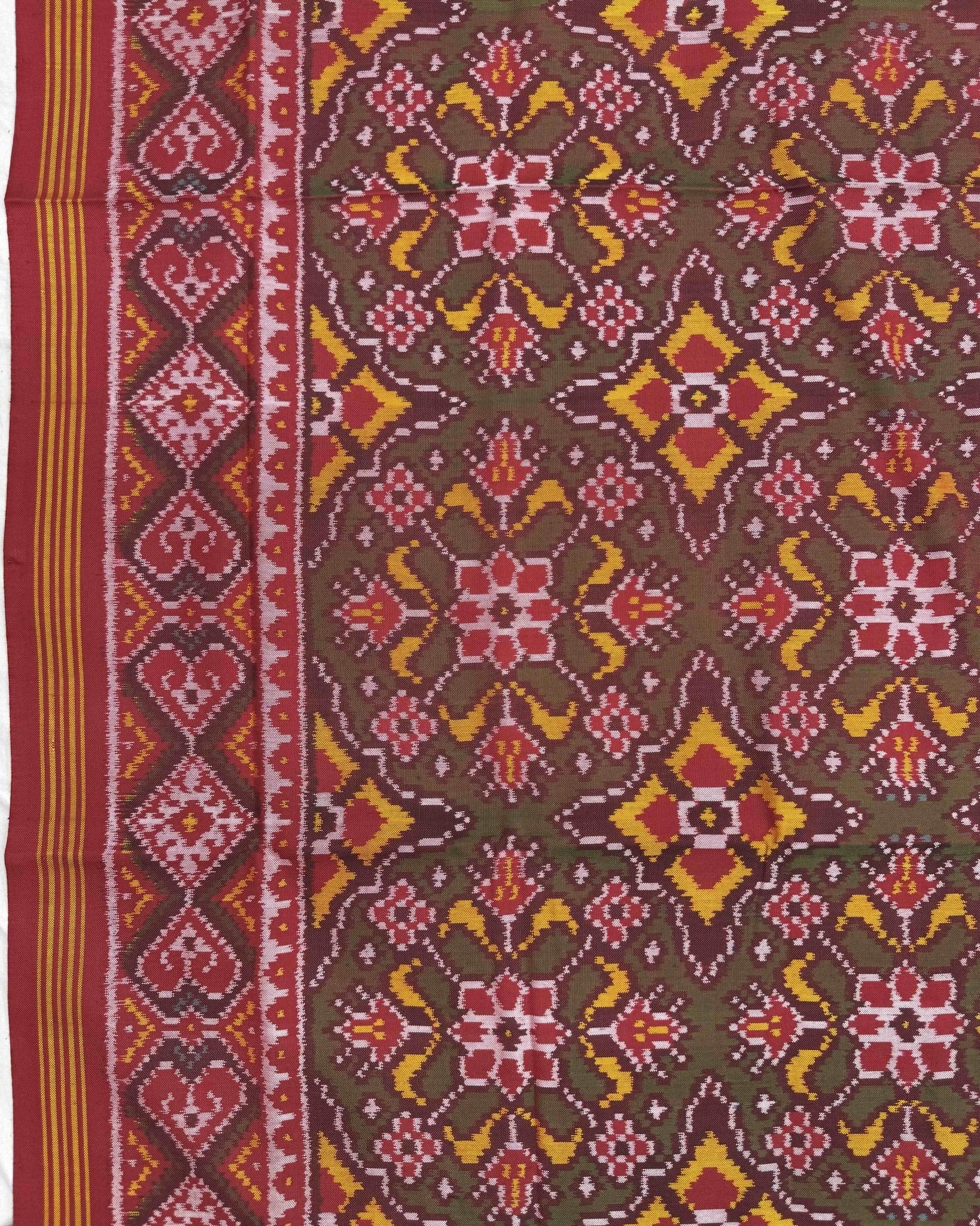 Red & Mehendi Navratan Chhabdi Semi Ikat Patola Saree - SindhoiPatolaArt
