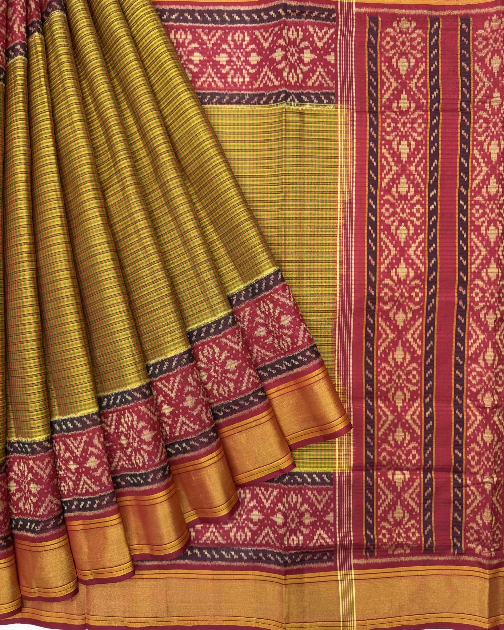 Red & Mistard Small Chex Patola Saree - SindhoiPatolaArt