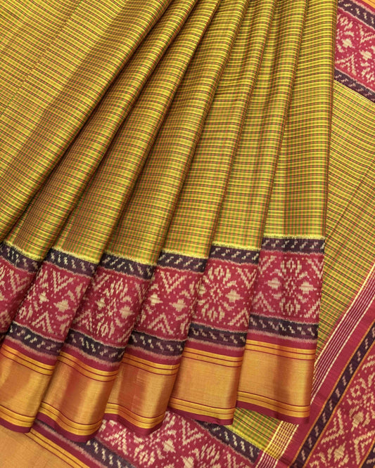 Red & Mistard Small Chex Patola Saree - SindhoiPatolaArt