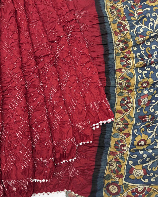 Red Muga Silk Pen Kamalkari Bandhani Saree - SindhoiPatolaArt