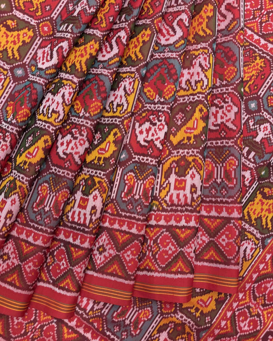 Red Multicolor Narikunj Semi Double Ikat Patola Saree - SindhoiPatolaArt
