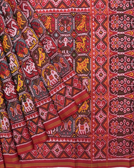 Red Multicolor Narikunj Semi Double Ikat Patola Saree - SindhoiPatolaArt