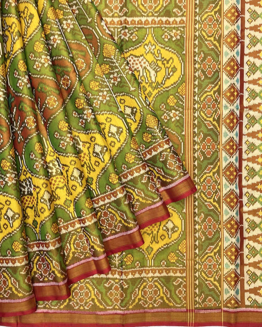 Red & Multicolour Deer & Flower Tissue Patola Saree - SindhoiPatolaArt