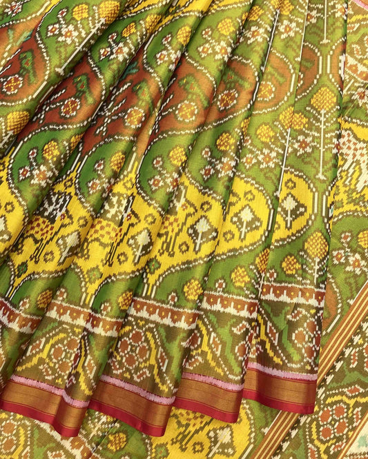 Red & Multicolour Deer & Flower Tissue Patola Saree - SindhoiPatolaArt