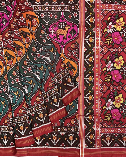 Red & Multicolour Deer Flower Twill Patola Saree - SindhoiPatolaArt