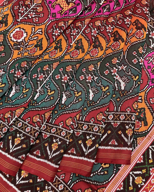 Red & Multicolour Deer Flower Twill Patola Saree - SindhoiPatolaArt