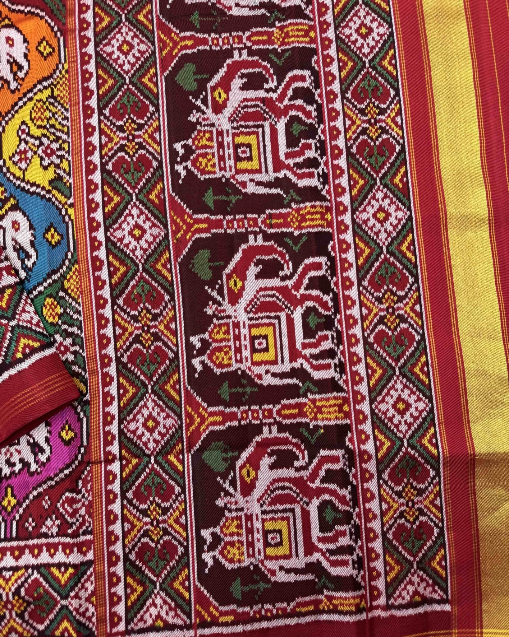 Red & Multicolour Elephant Flower Matka Twill Patola Saree - SindhoiPatolaArt