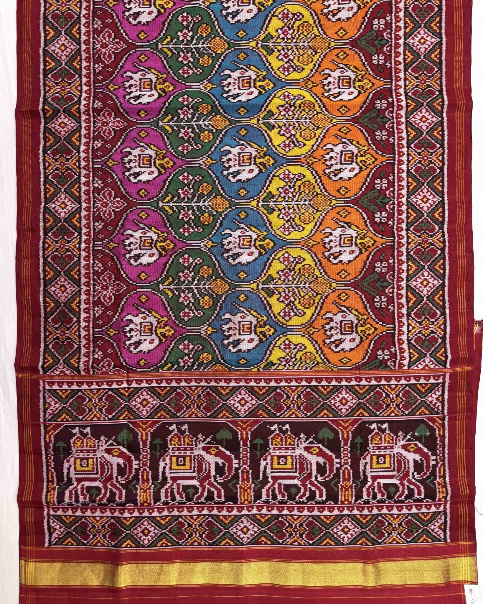 Red & Multicolour Elephant Flower Matka Twill Patola Saree - SindhoiPatolaArt