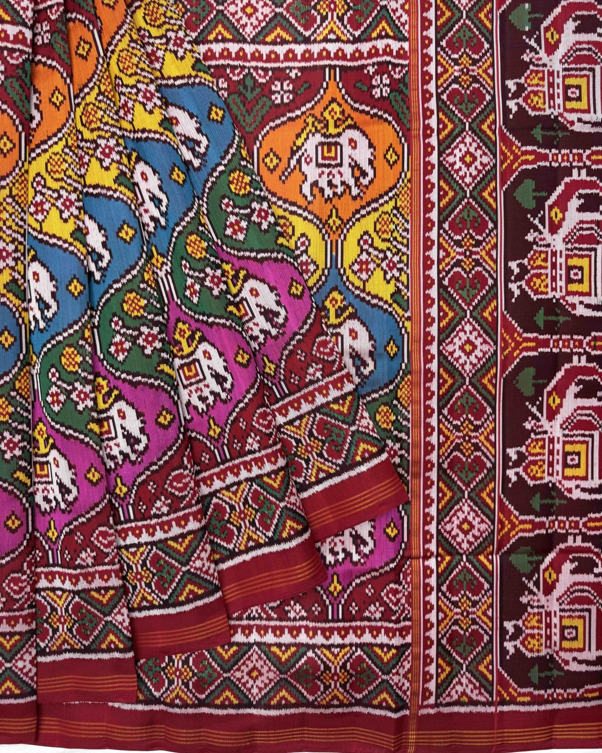 Red & Multicolour Elephant Flower Matka Twill Patola Saree - SindhoiPatolaArt
