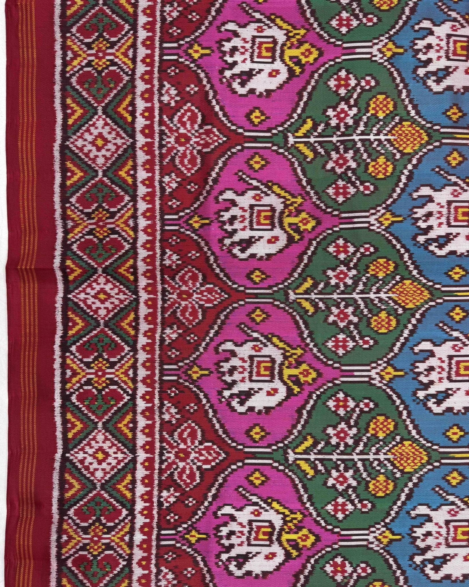 Red & Multicolour Elephant Flower Matka Twill Patola Saree - SindhoiPatolaArt
