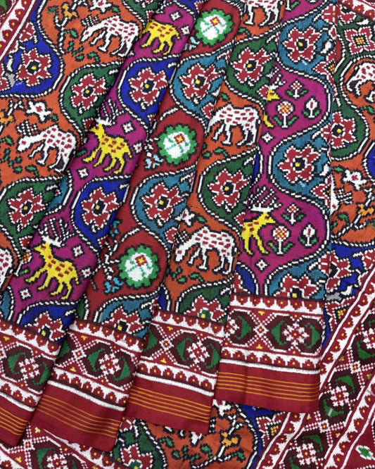 Red & Multicolour Narikunj Matka Double Ikat Patola Saree - SindhoiPatolaArt