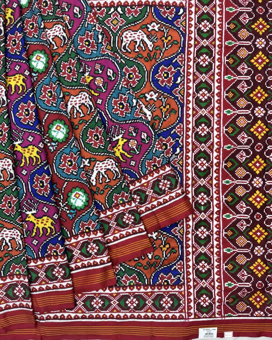 Red & Multicolour Narikunj Matka Double Ikat Patola Saree - SindhoiPatolaArt