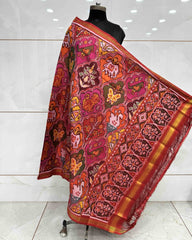 Red & Multicolour Narikunj Semi Double Ikat Patola Dupatta - SindhoiPatolaArt