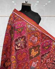 Red & Multicolour Narikunj Semi Double Ikat Patola Dupatta - SindhoiPatolaArt