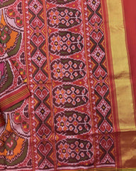 Red Multicolour Narikunj Semi Double Ikat Patola Saree - SindhoiPatolaArt