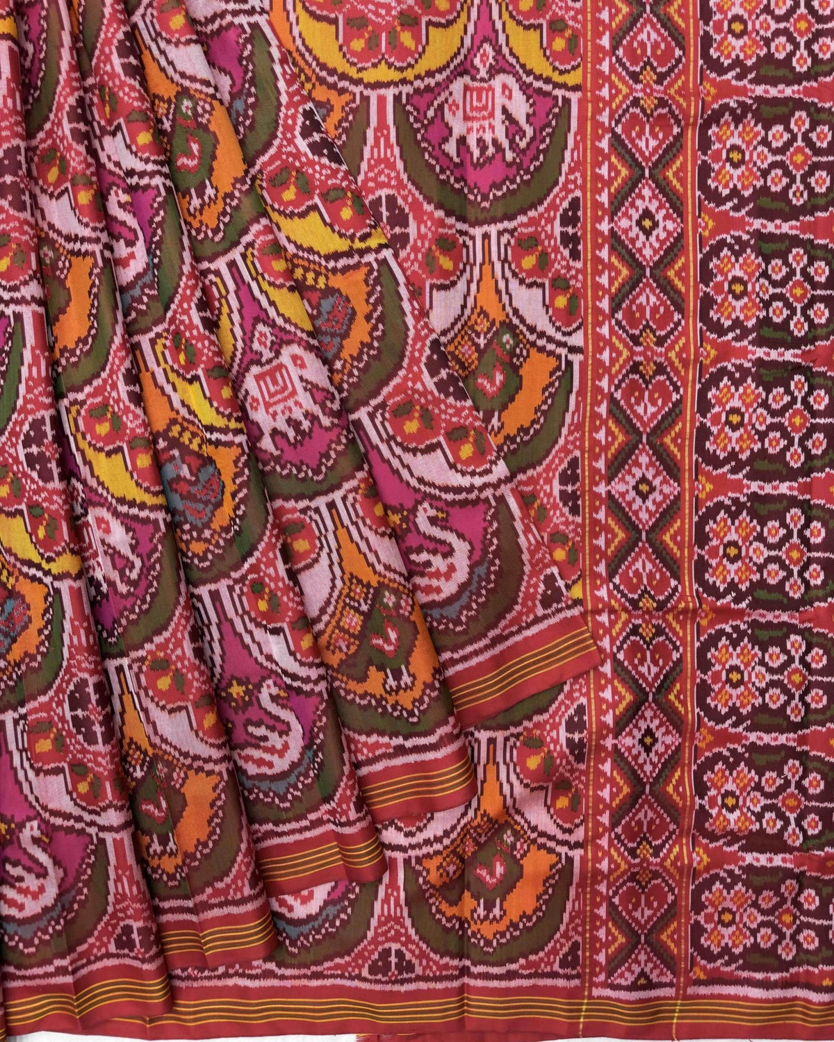 Red Multicolour Narikunj Semi Double Ikat Patola Saree - SindhoiPatolaArt