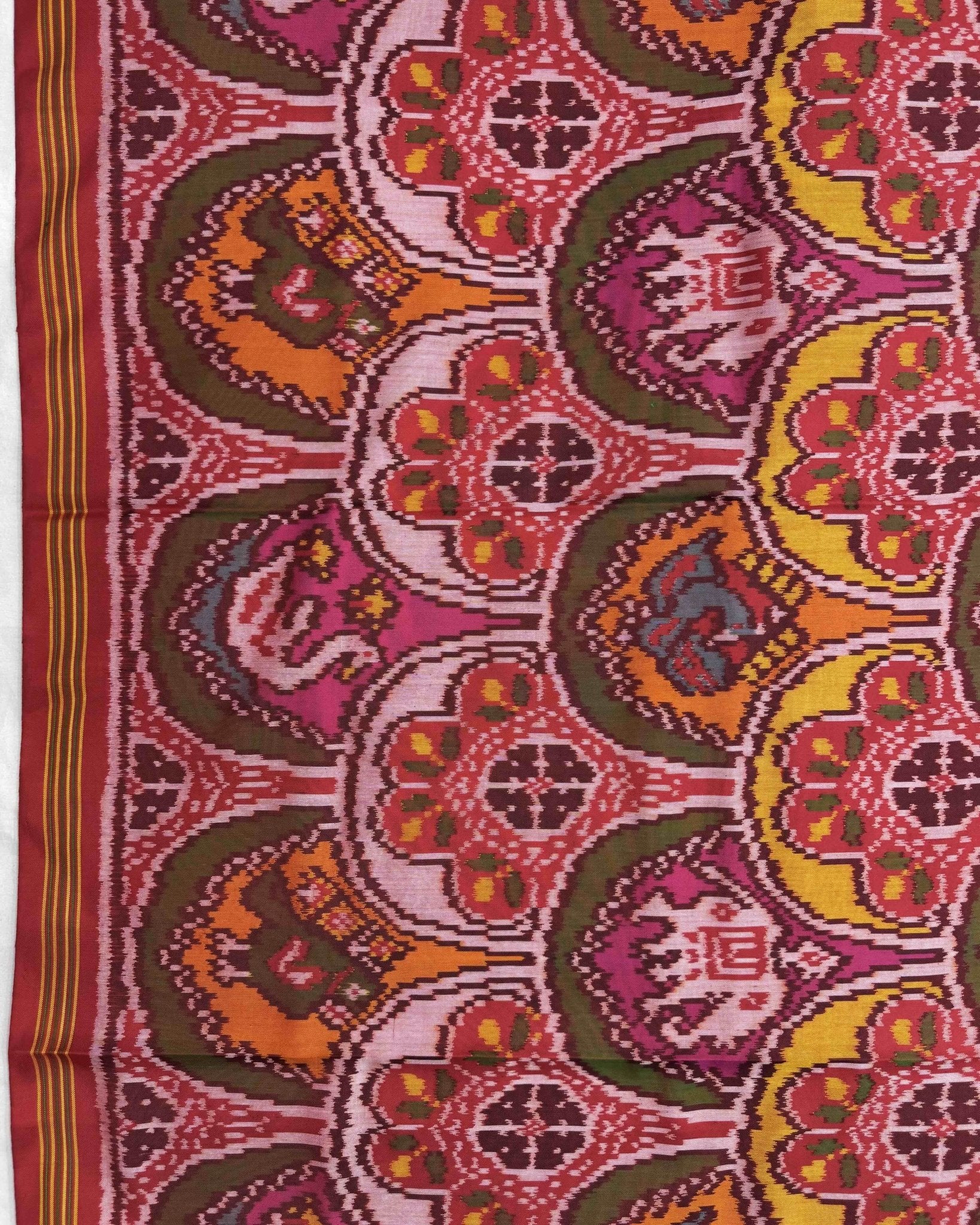 Red Multicolour Narikunj Semi Double Ikat Patola Saree - SindhoiPatolaArt