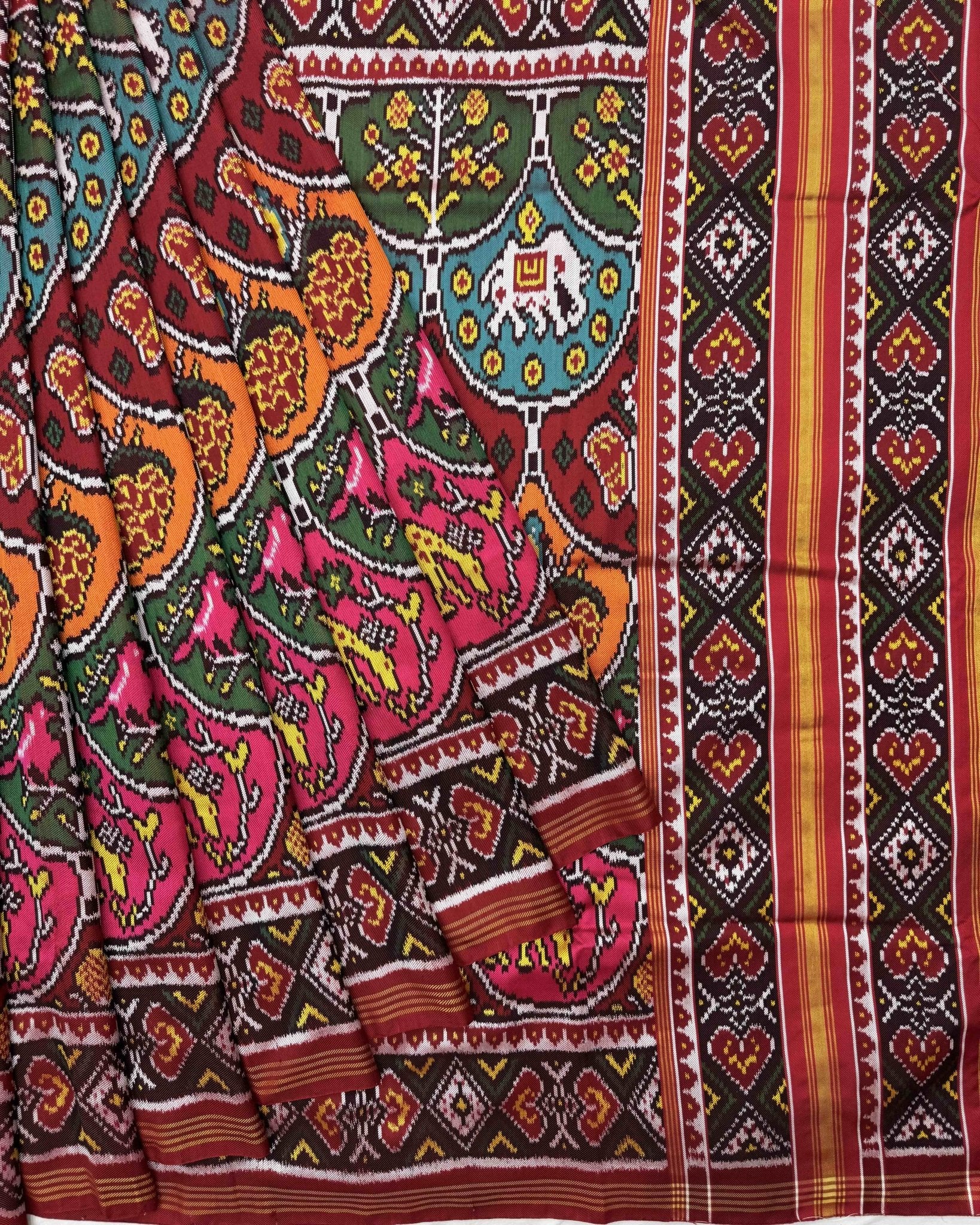 Red & Multicolour Narikunj Twill Patola Saree - SindhoiPatolaArt