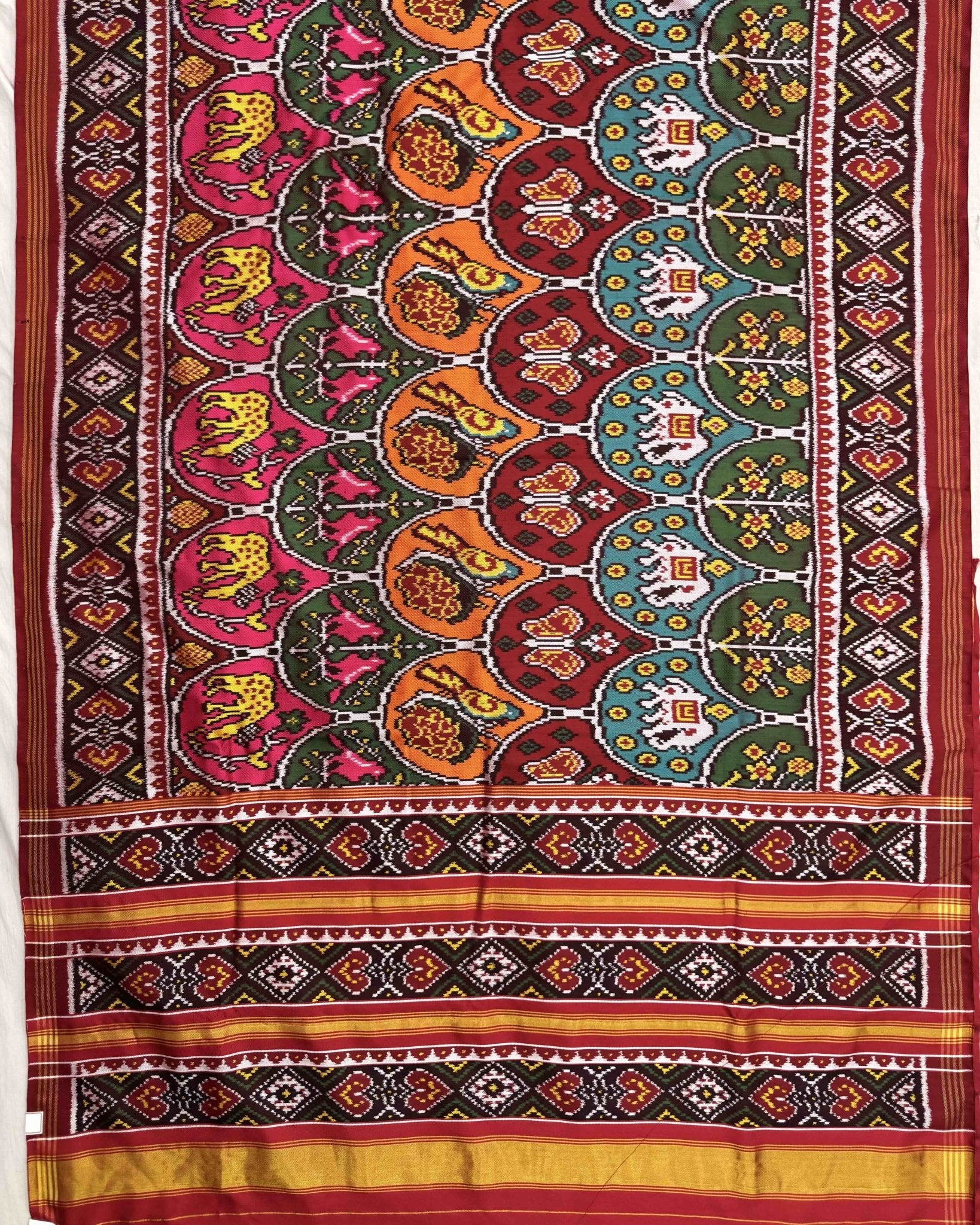 Red & Multicolour Narikunj Twill Patola Saree - SindhoiPatolaArt