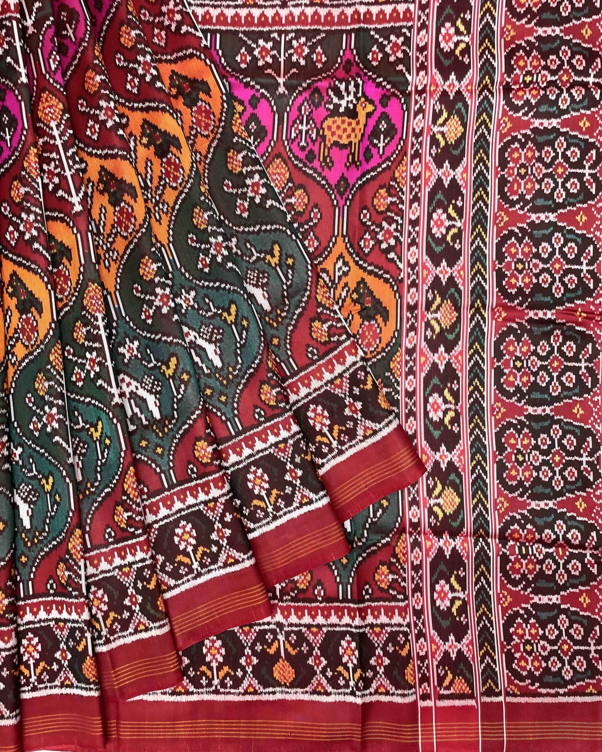 Red & Multicolour Narikunj Twill Patola Saree - SindhoiPatolaArt
