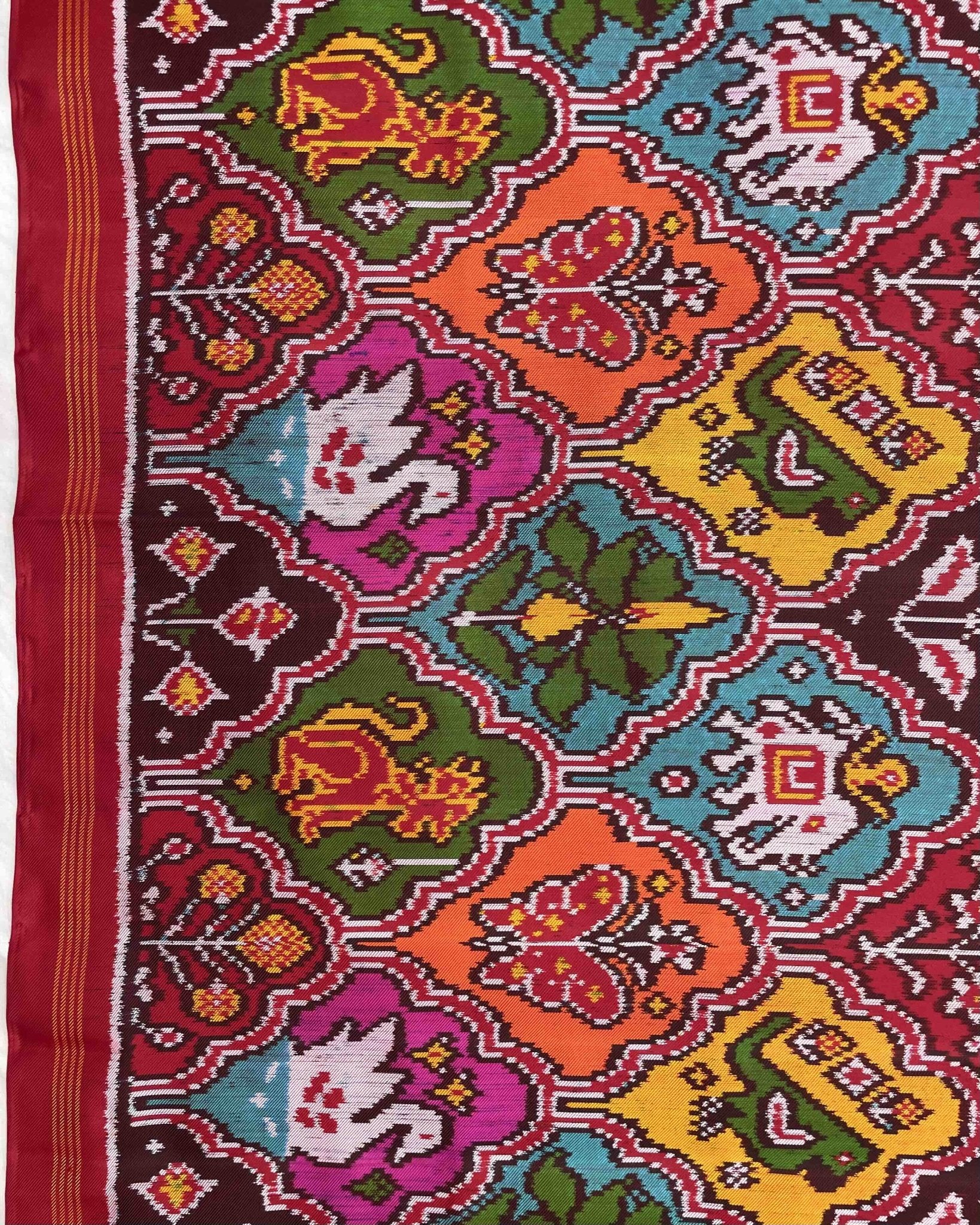 Red & Multicolour Narikunj Twill Patola Saree - SindhoiPatolaArt