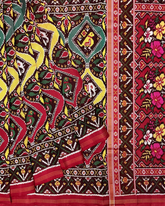 Red & Multicolour Narikunj Twill Patola Saree - SindhoiPatolaArt